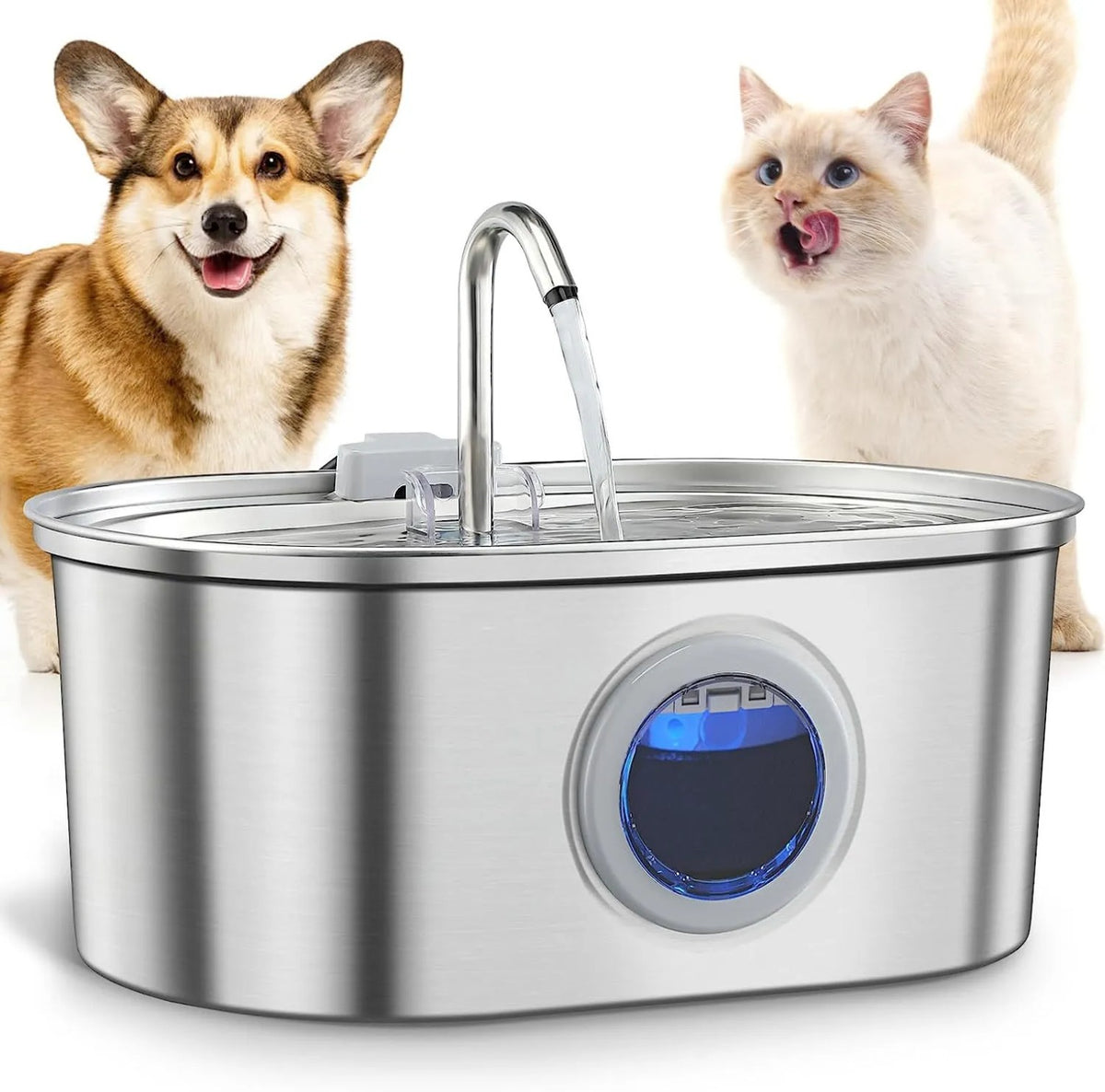 Stainless steel pet water fountain with dog and cat